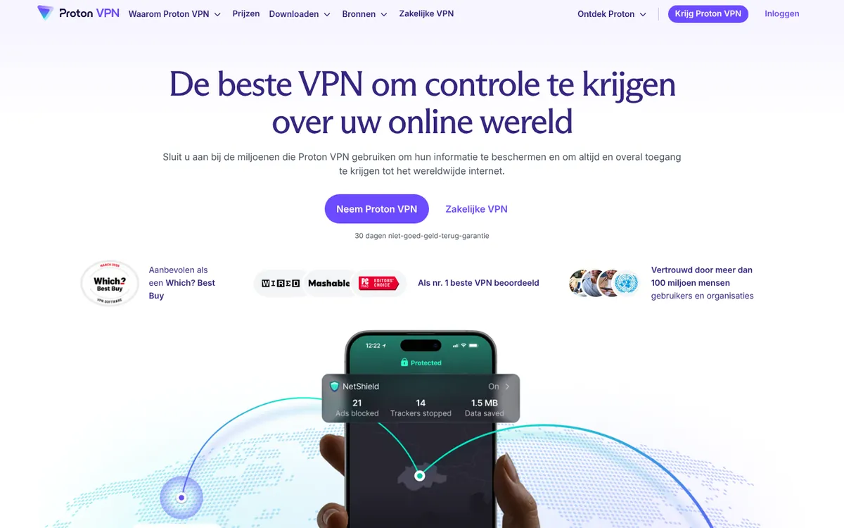 Homepage van Proton VPN, een van de vergeleken diensten, met de knop Neem Proton VPN