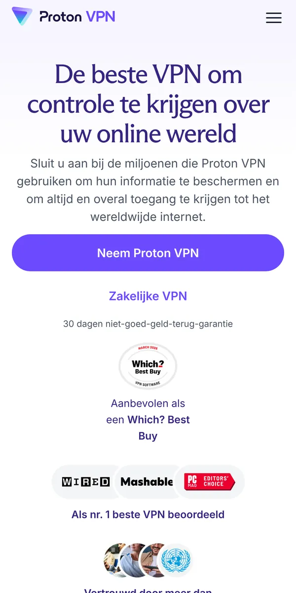 Homepage van Proton VPN op mobiel – getest: beste VPN voor België
