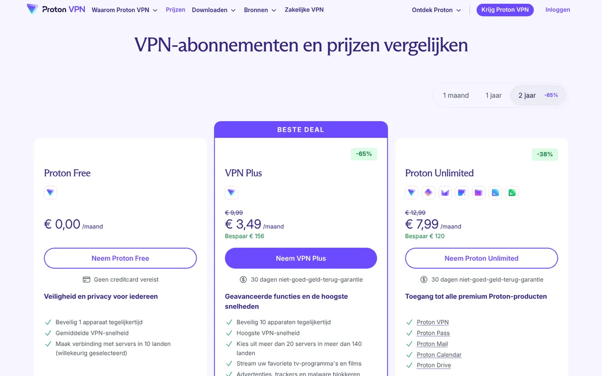 Prijzenpagina van Proton VPN – getest: beste VPN voor België
