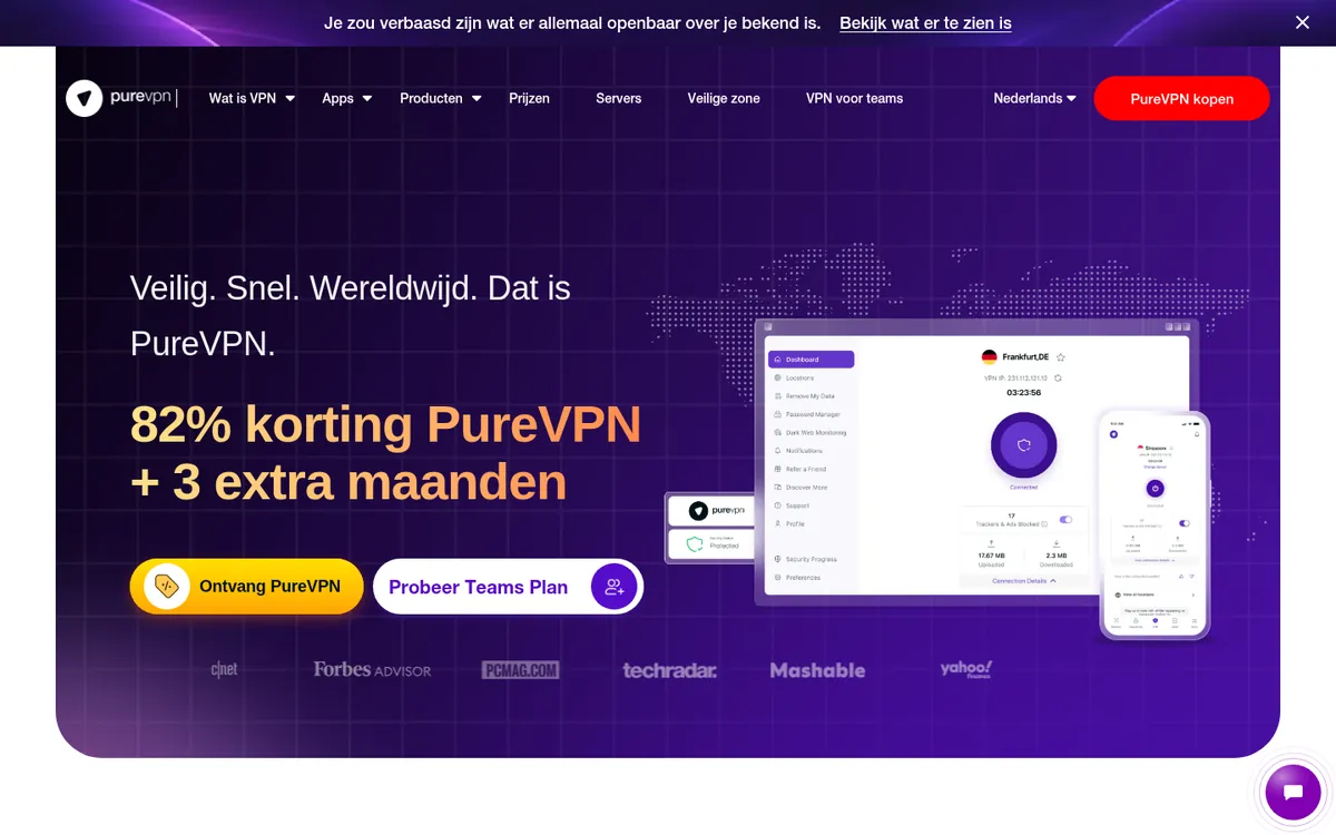 Homepage van PureVPN op de computer – getest: beste VPN voor België
