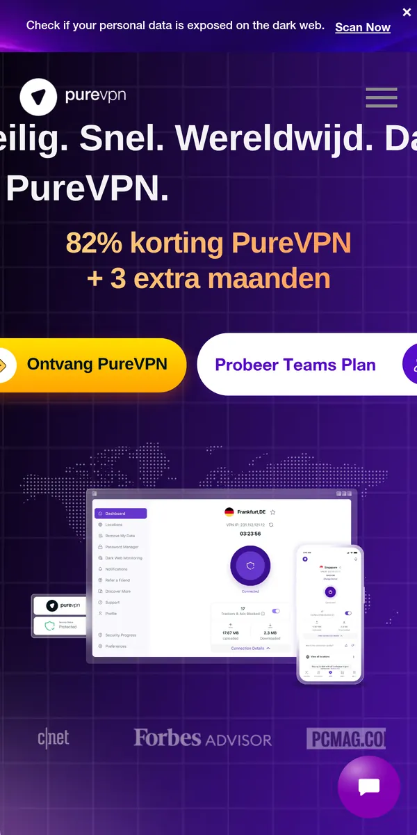 Homepage van PureVPN op mobiel – getest: beste VPN voor België