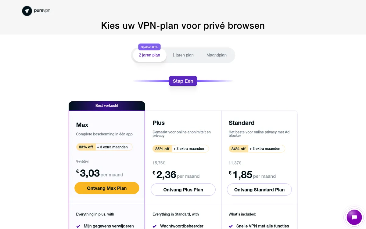 Prijzenpagina van PureVPN – getest: beste VPN voor België