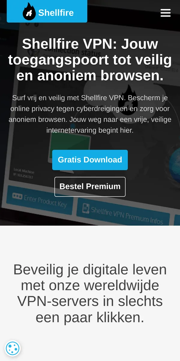 Homepage van Shellfire VPN op mobiel – getest: beste VPN voor België