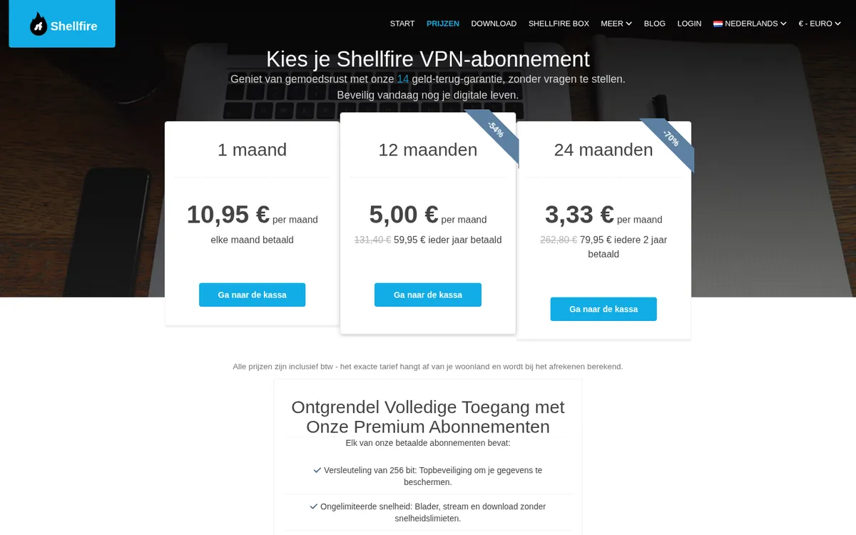 Prijzenpagina van Shellfire VPN – getest: beste VPN voor België
