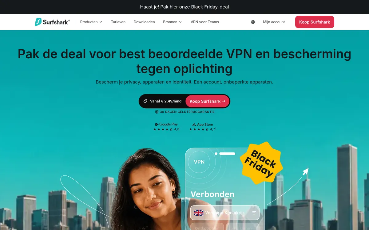 Homepage van Surfshark, een van de vergeleken diensten, met een gsm waarop de status Verbonden staat