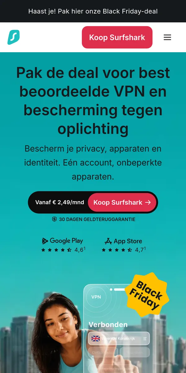 Homepage van Surfshark op mobiel – getest: beste VPN voor België
