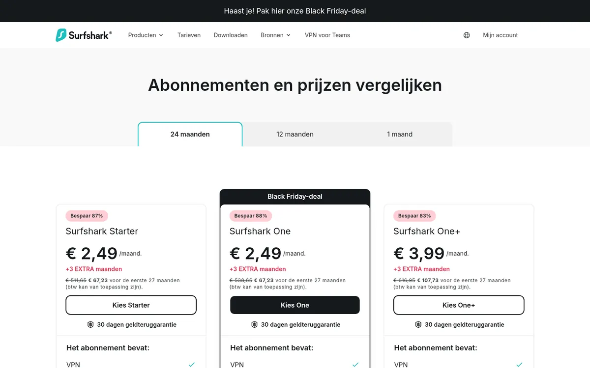 Prijzenpagina van Surfshark – getest: beste VPN voor België