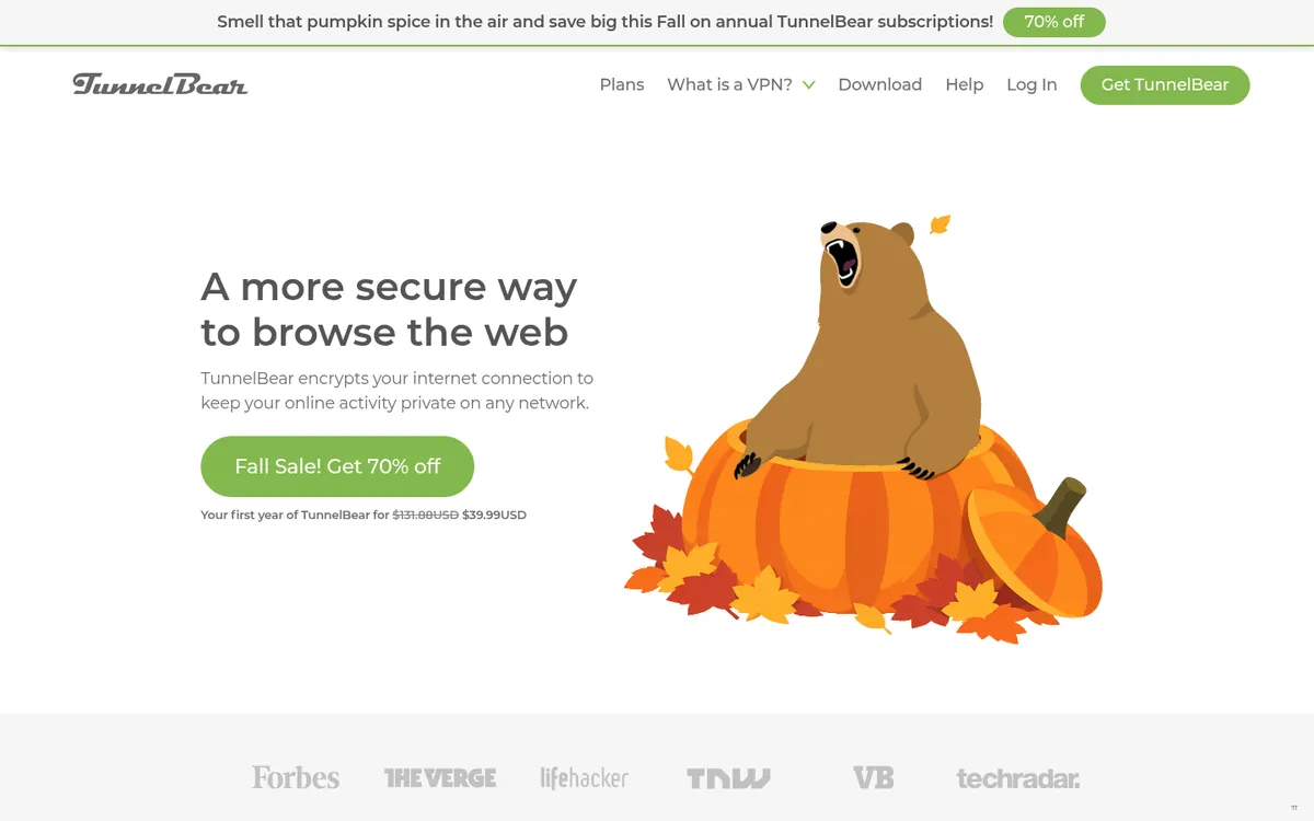 Homepage van TunnelBear op de computer – getest: beste VPN voor België