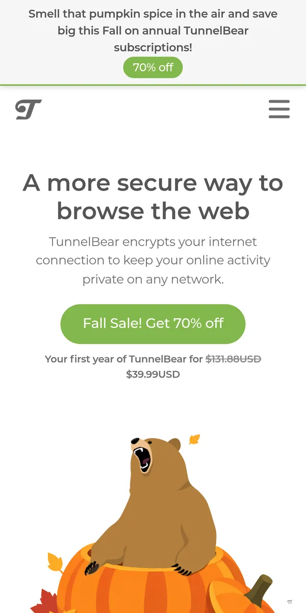 Homepage van TunnelBear op mobiel – getest: beste VPN voor België
