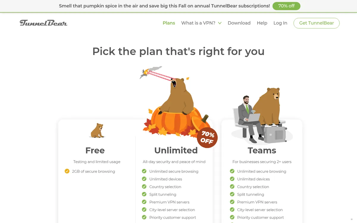 Prijzenpagina van TunnelBear – getest: beste VPN voor België