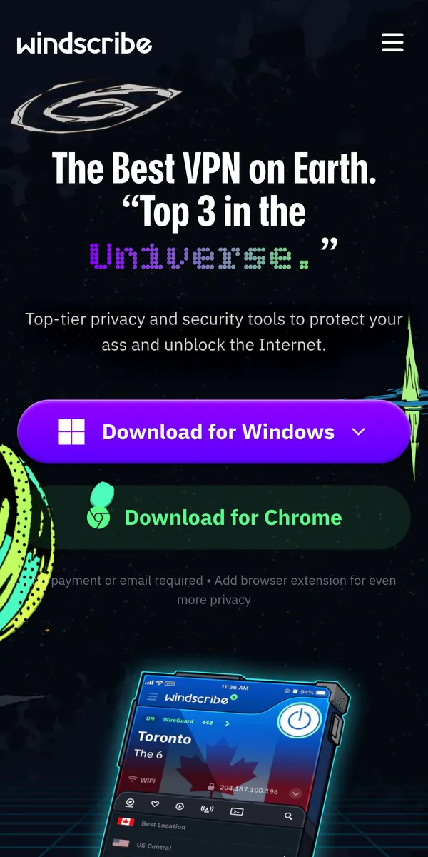 Homepage van Windscribe op mobiel – getest: beste VPN voor België